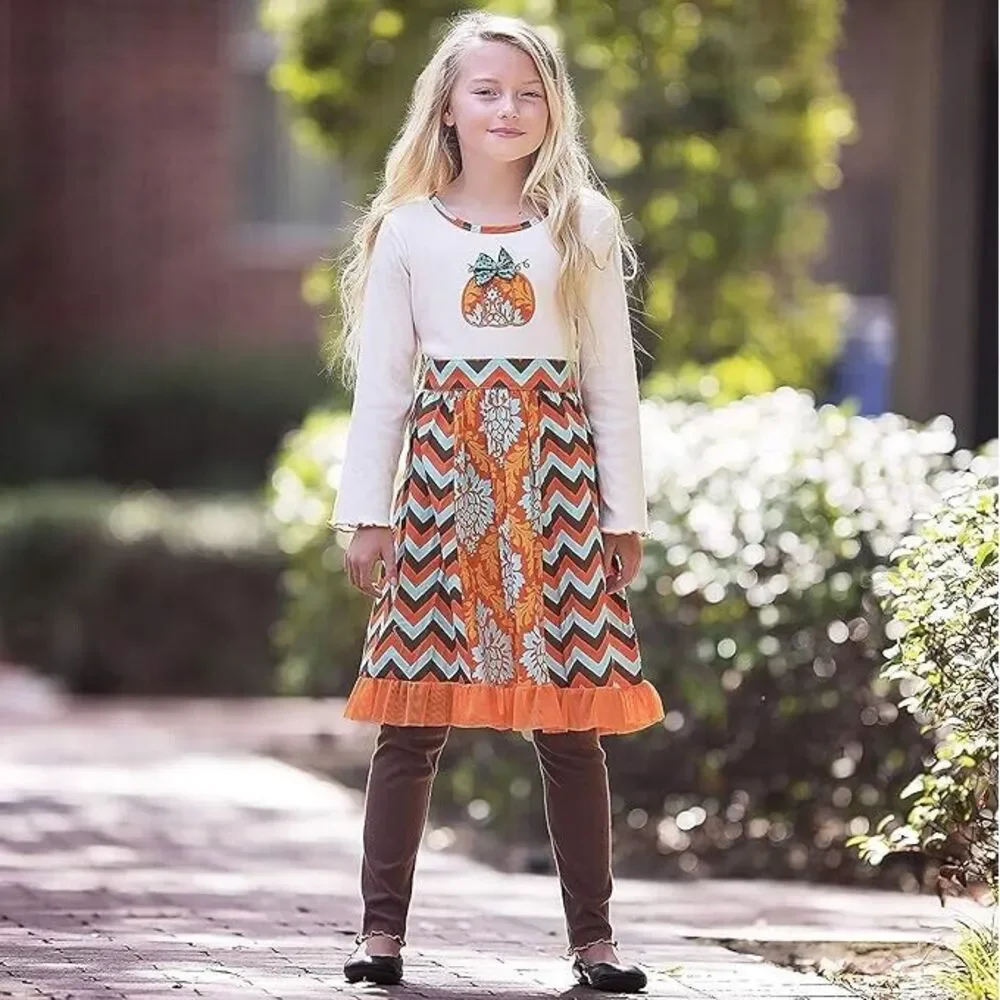Ann Loren BNWT Girl's‎ Thanksgiving Outfit Chevron Pumpkin Dress Size 6